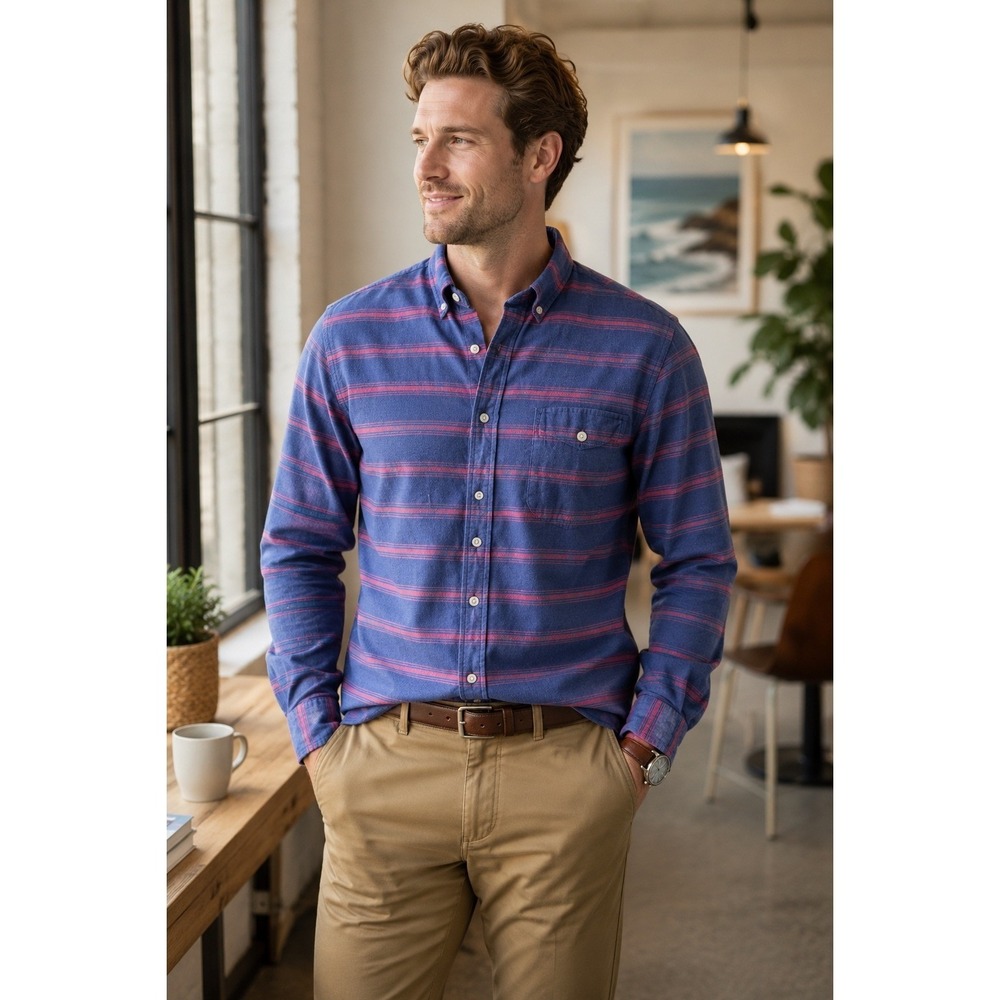 J.Crew Blue Pink Striped Button Down Shirt Men's Large‎ Cotton Long Sleeve